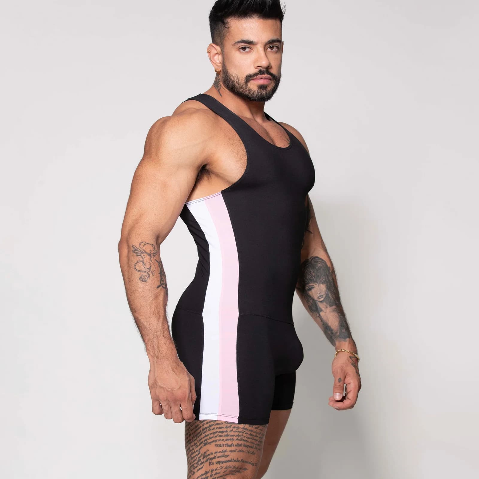 SINGLETS TIPO LUCHA NEGRO FRANJA ROSA